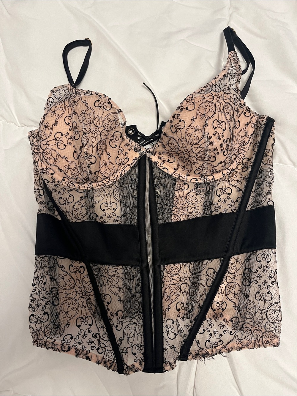 Victoria's Secret Black Lace-Overlay Bustier on Nude Base